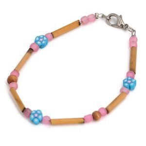 Pink Blue Beaded Bracelet Reed Fimo Frosted Glass 7.25"